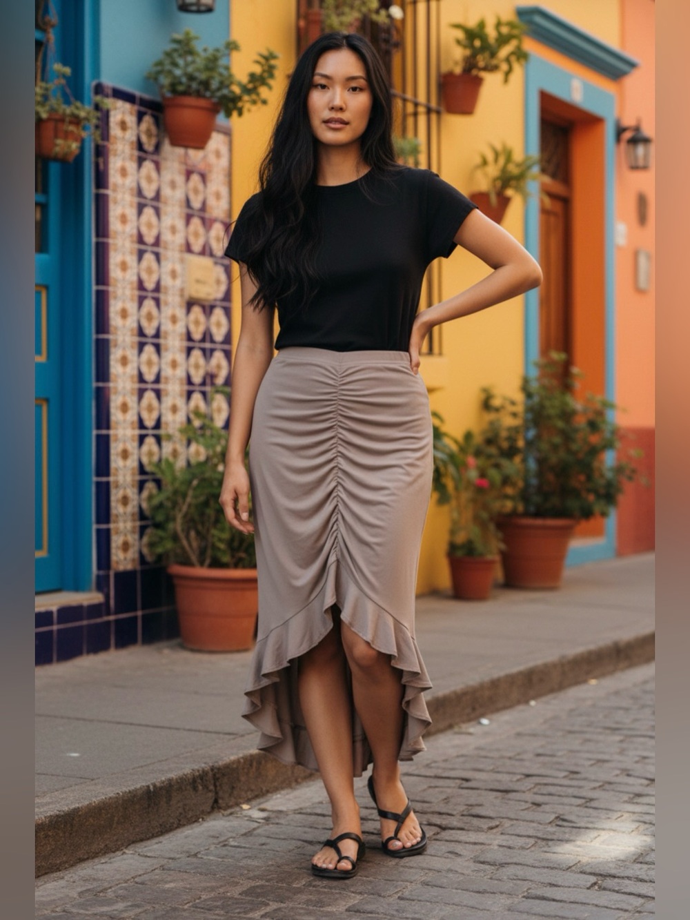 SHEIN Taupe Ruched High-Low Ruffle Skirt